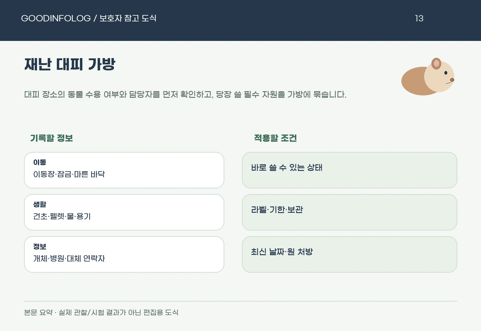 기니피그 재난 대피 가방의 장소 수용 확인 · 필수 자원 묶기 · 정보 최신화 요약 도식
