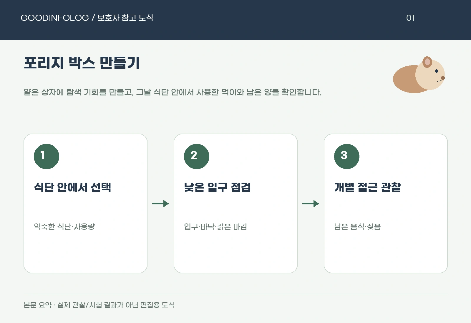 기니피그 포리지 박스 만들기의 식단 안에서 선택 · 낮은 입구 점검 · 개별 접근 관찰 요약 도식