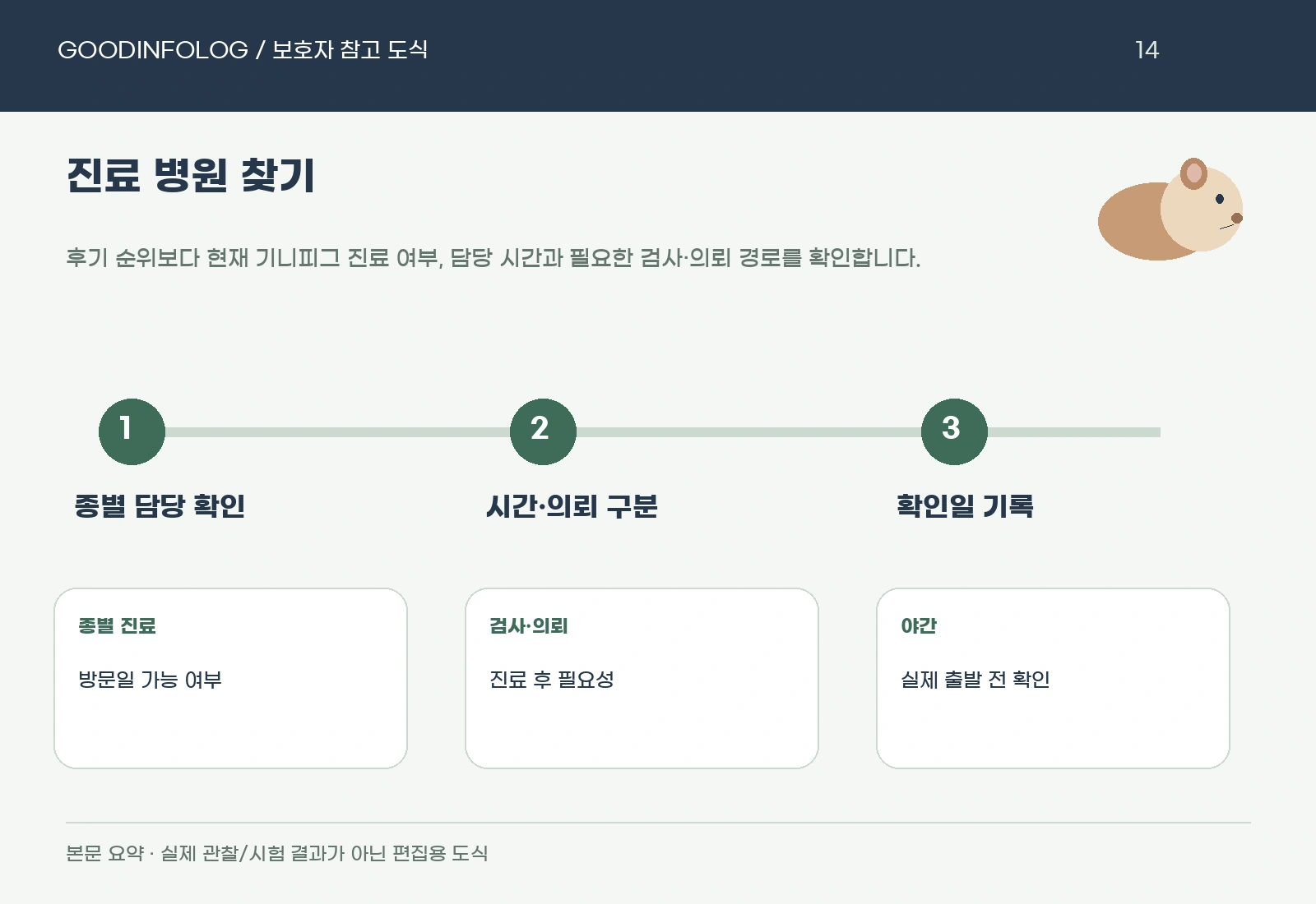 기니피그 진료 병원 찾기의 종별 담당 확인 · 시간·의뢰 구분 · 확인일 기록 요약 도식